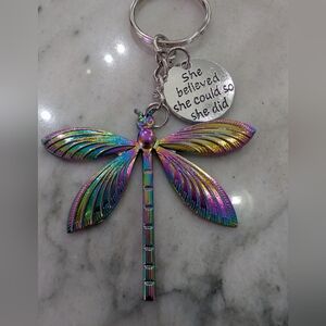 Iridescent Dragonfly Keychain Bag Charm with Inspirational Charm